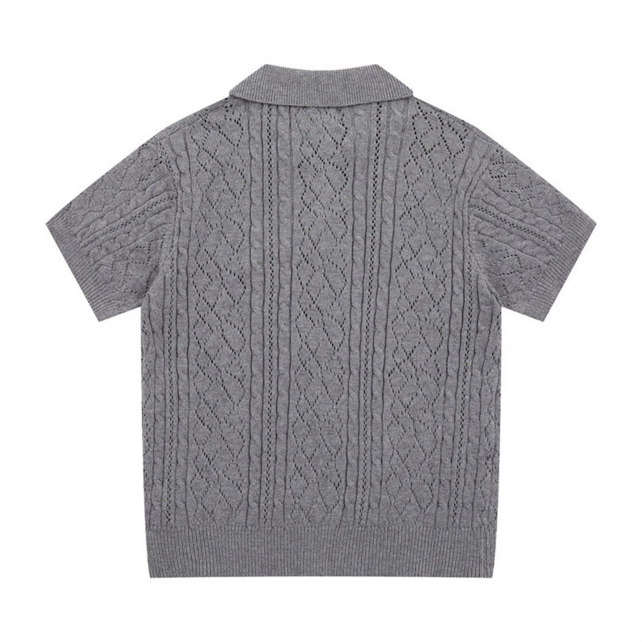 Back view of gray polo collar sweater flat presentation