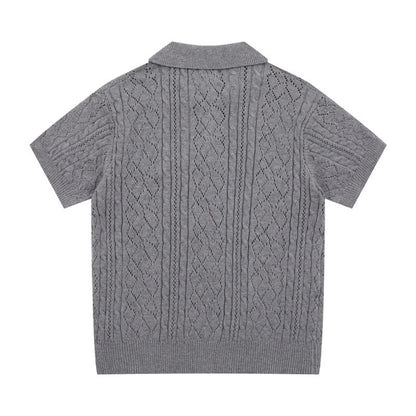 Back view of gray polo collar sweater flat presentation