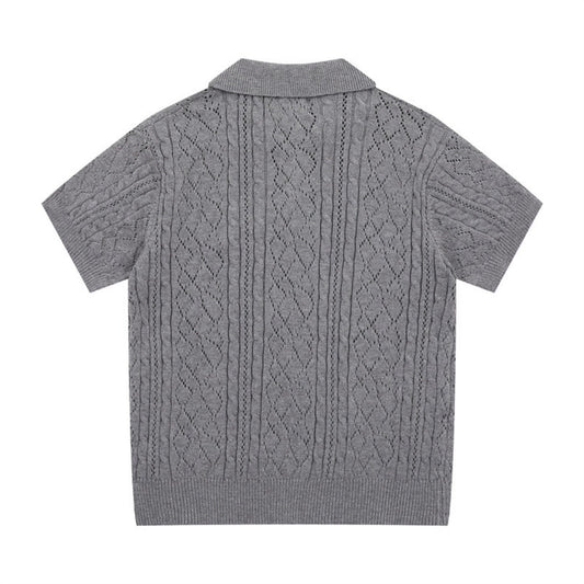 Back view of gray polo collar sweater flat presentation