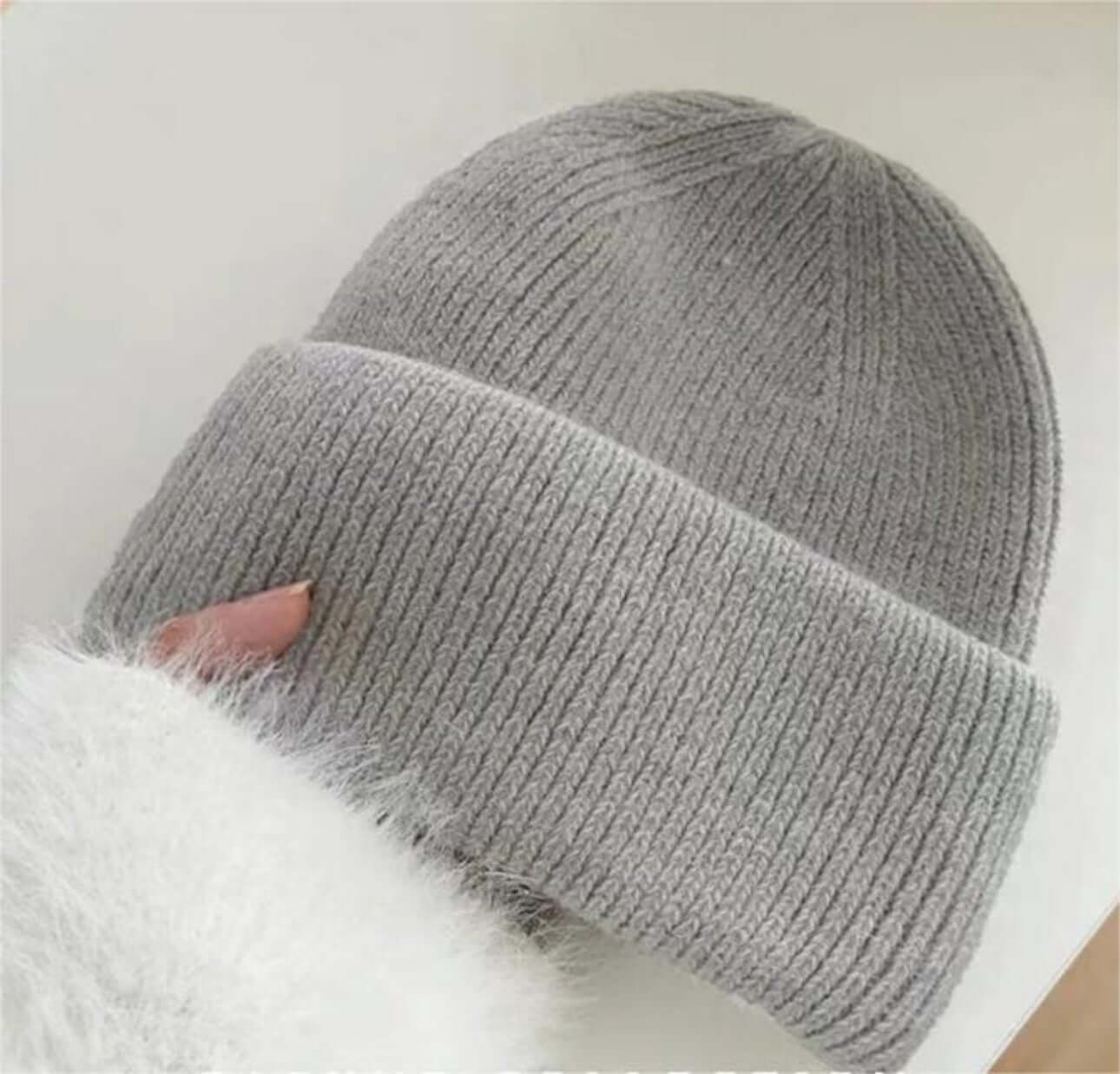 Warm Hat OEM - Women's Rabbit Hair Beanie in a soft grey color with folded brim, perfect for cold weather.