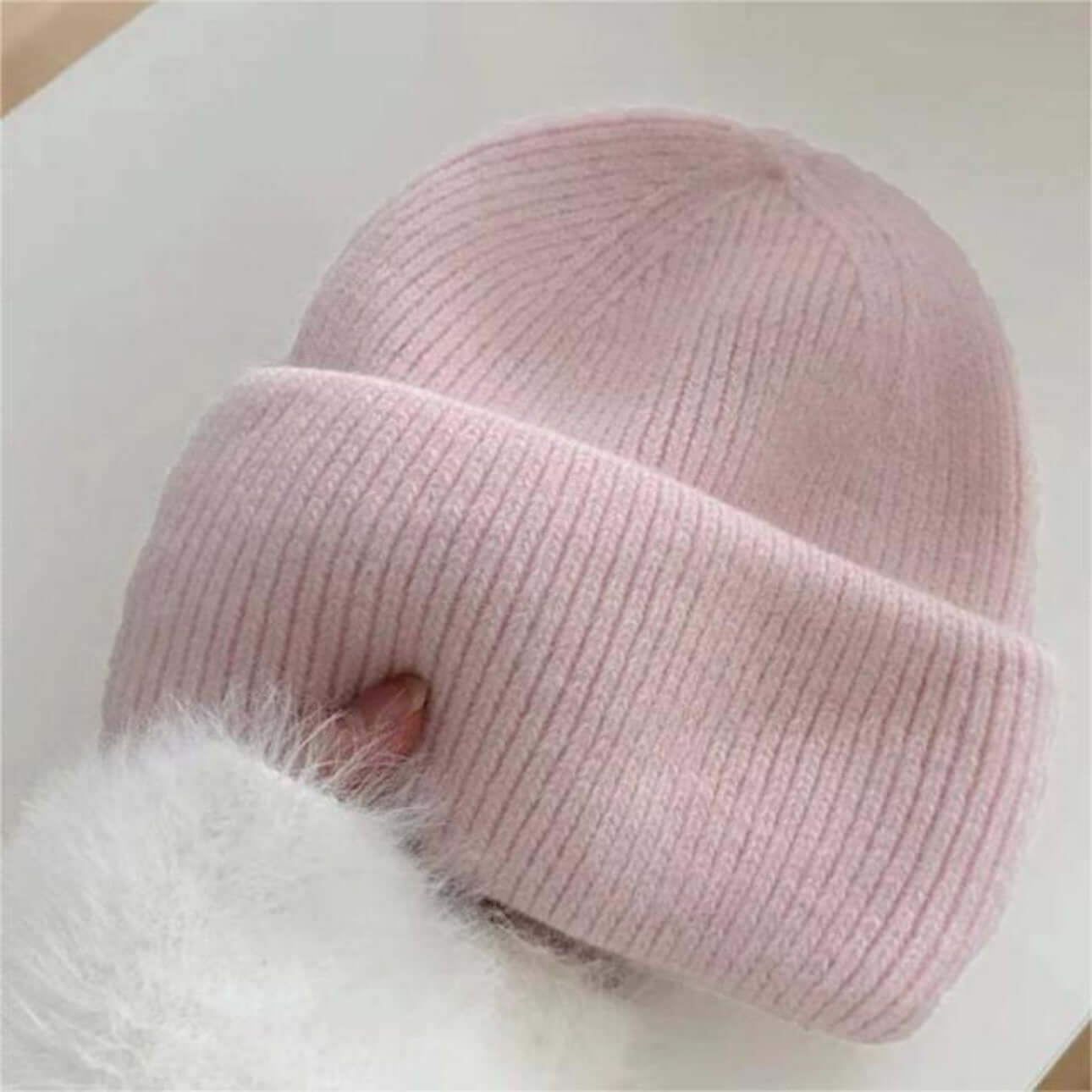 Warm Hat OEM - Women's Rabbit Hair Beanie in soft pink with a folded brim for cozy winter style.