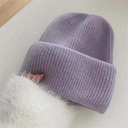 Warm Hat OEM - Women's Rabbit Hair Beanie in soft lilac color with folded brim, perfect for winter style.
