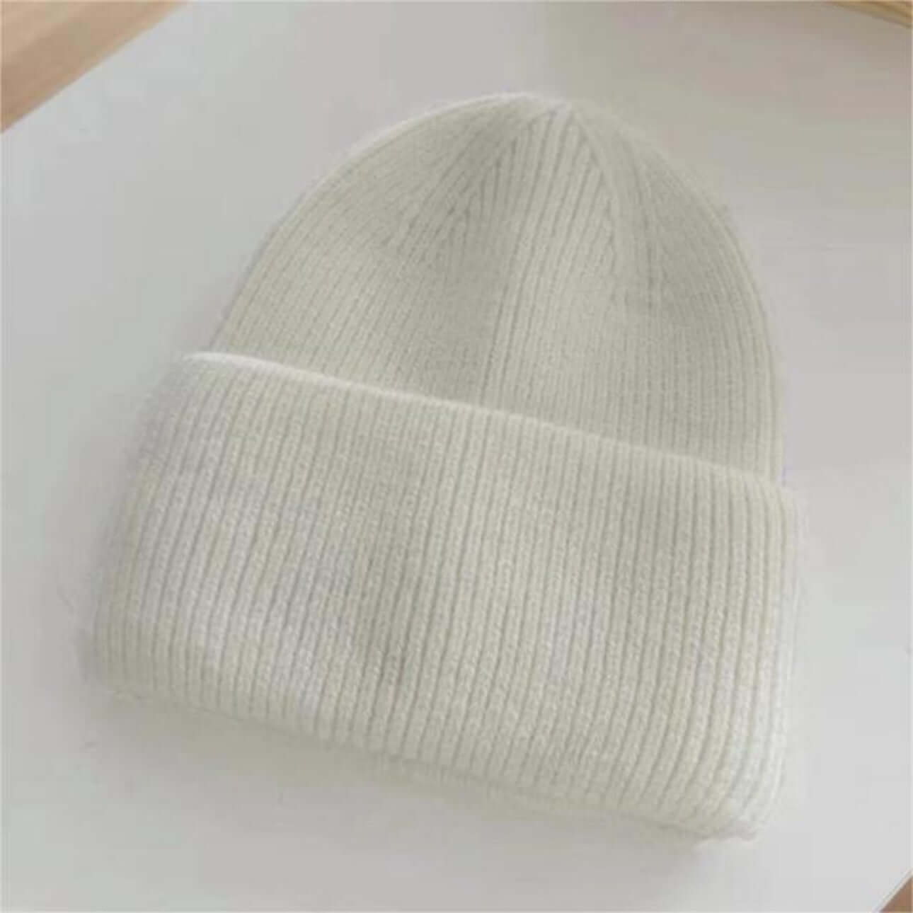Warm Hat OEM - Women's Rabbit Hair Beanie with Folded Brim in soft white color