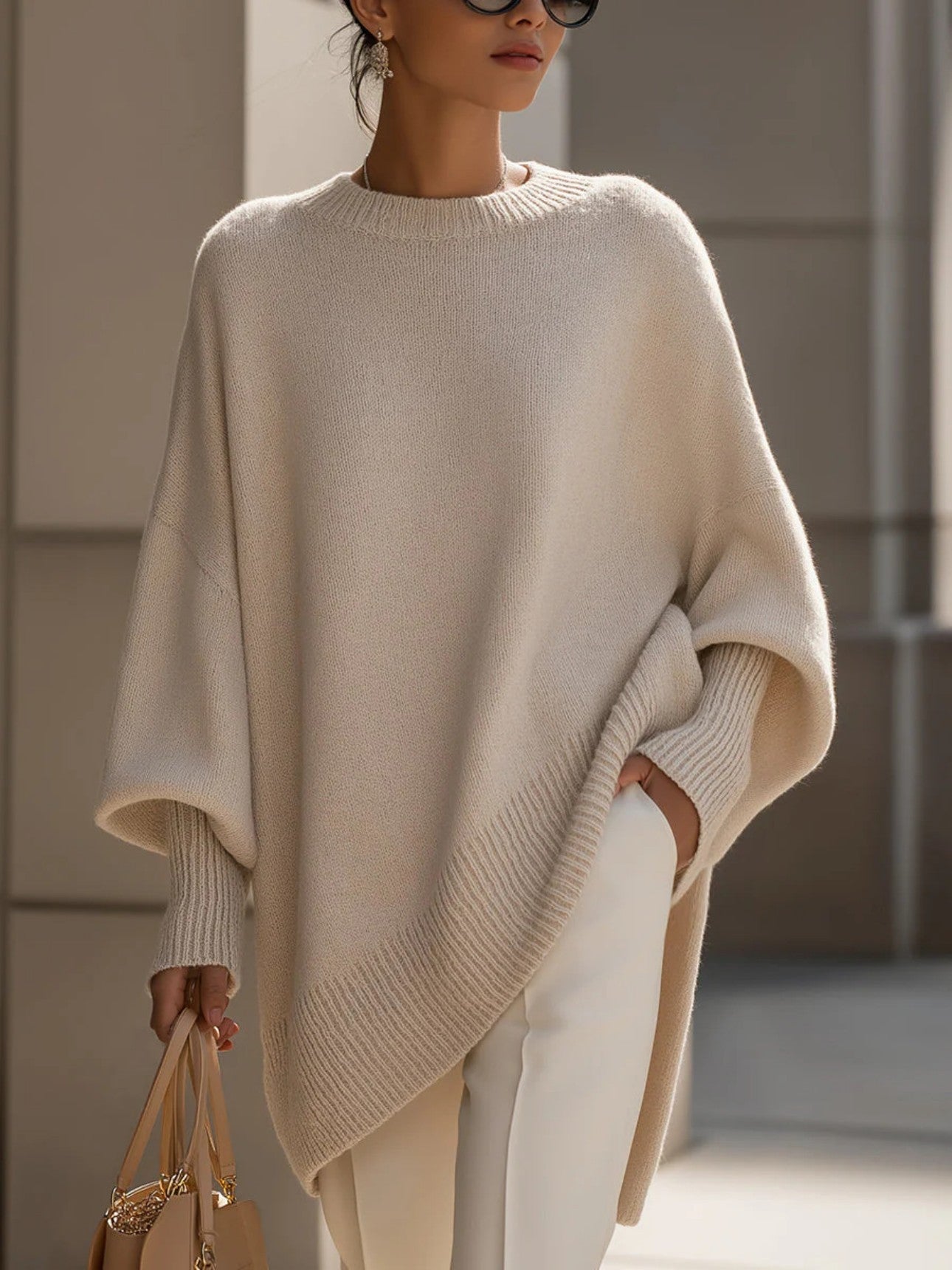 Woman wearing round neck sweater in apricot color, front view