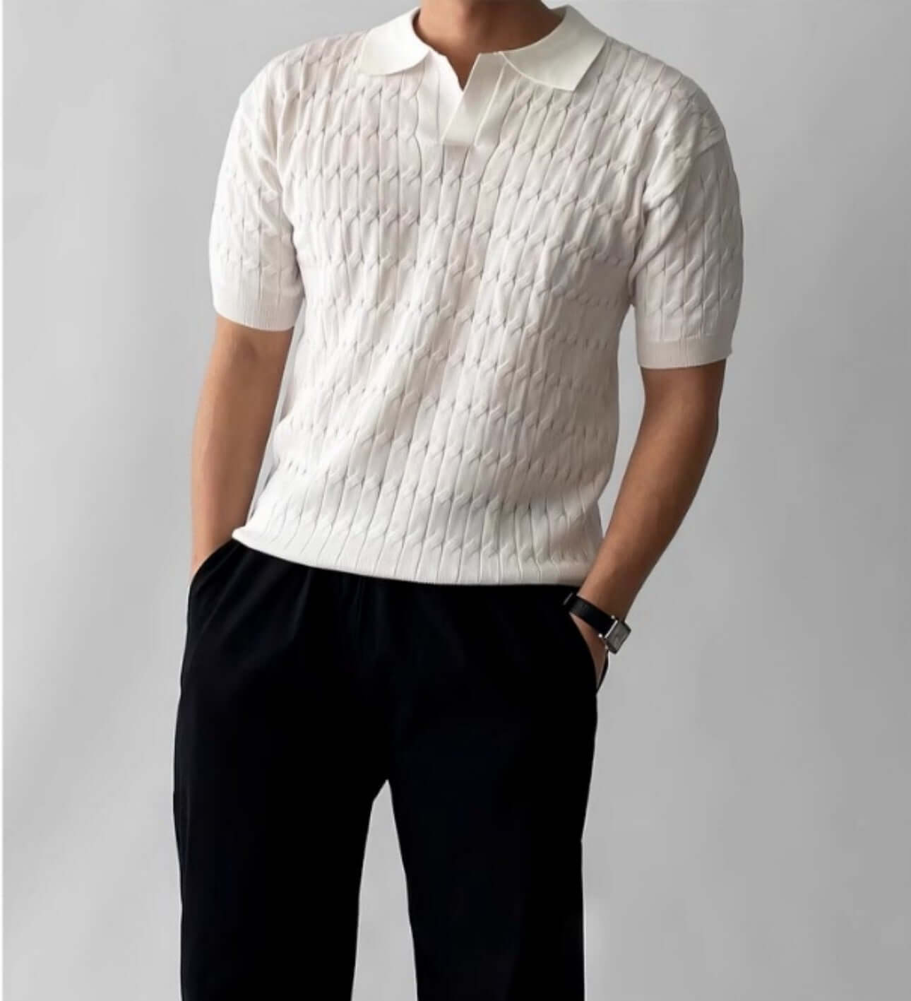 Short sleeve lapel sweater OEM worn by a man, showcasing a stylish V-collar design in a modern setting.