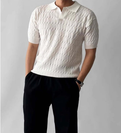 Short sleeve lapel sweater OEM worn by a man, showcasing a stylish V-collar design in a modern setting.