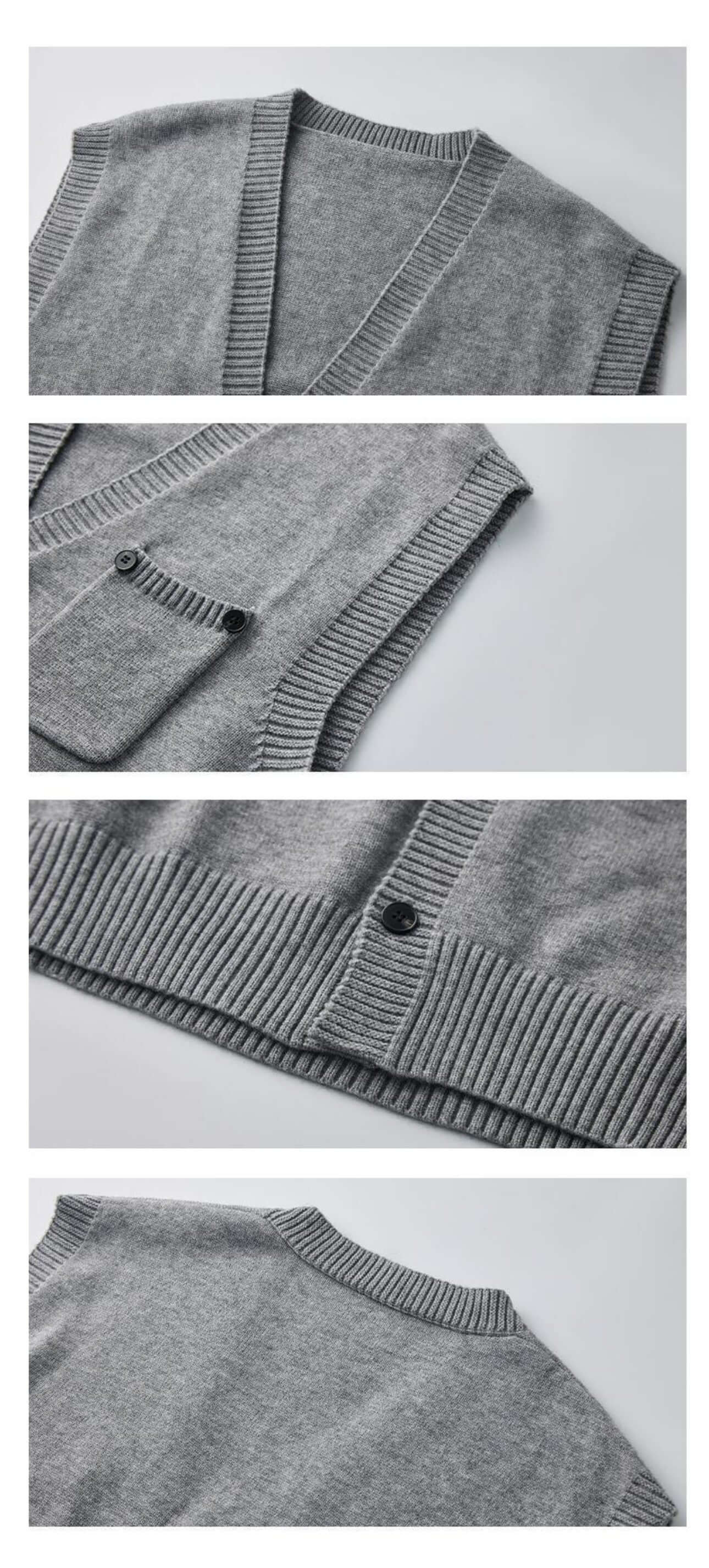 Close-up construction details of V-neck, armhole, and hem on sleeveless sweater.