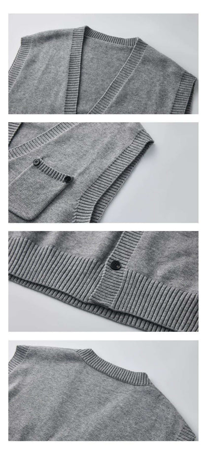 Close-up construction details of V-neck, armhole, and hem on sleeveless sweater.