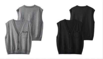 Flat lay presentation of gray sleeveless sweater, front and back.