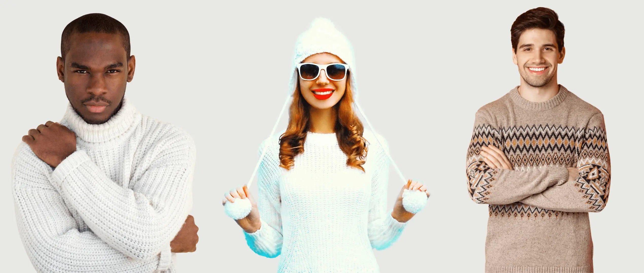 Male and female models presenting our unisex knitwear collection, showcasing a complete seasonal product line for retailers.