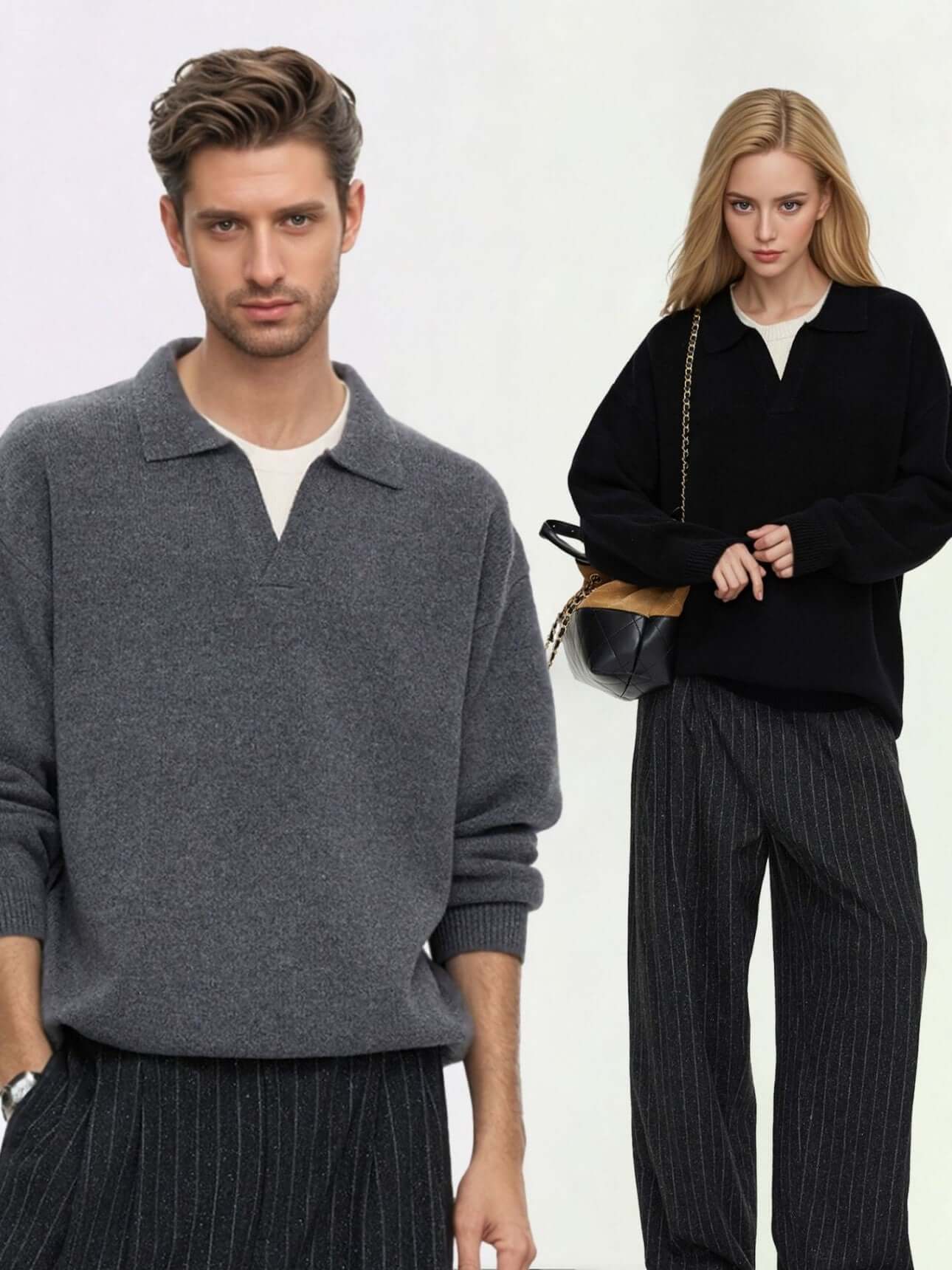 Unisex Cashmere Sweater OEM featuring a man in a gray mock neck and a woman in a black V-neck sweater.