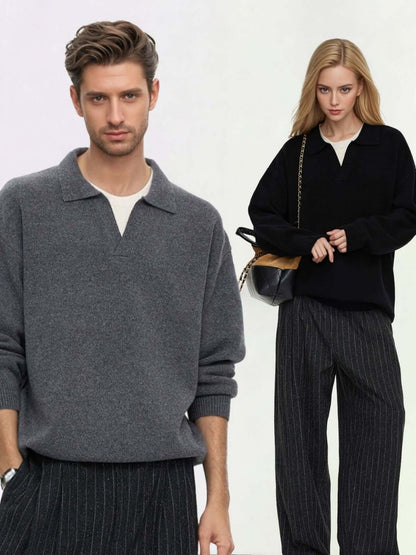 Unisex Cashmere Sweater OEM featuring a man in a gray mock neck and a woman in a black V-neck sweater.