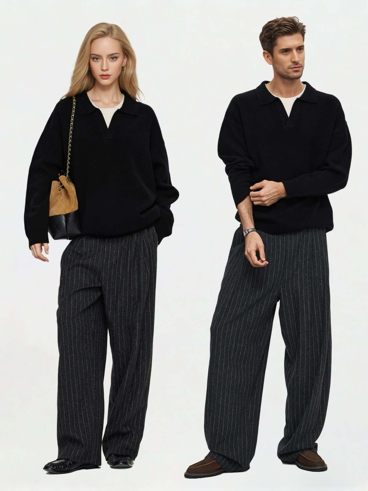 Unisex Cashmere Sweater OEM modeled by male and female in stylish black outfits.