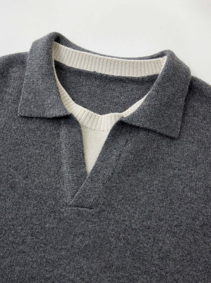 Unisex Cashmere Sweater OEM - Mock Neck and V-Neck, stylish gray knitwear piece with contrasting collar.