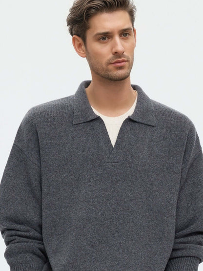 Unisex Cashmere Sweater OEM - Mock Neck style in dark grey, modeled by a man, showcasing luxurious cashmere fabric.