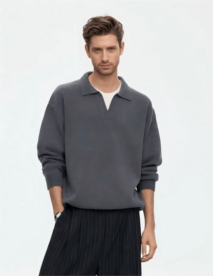 Unisex Cashmere Sweater OEM - model wearing a stylish dark gray mock neck sweater with relaxed fit.