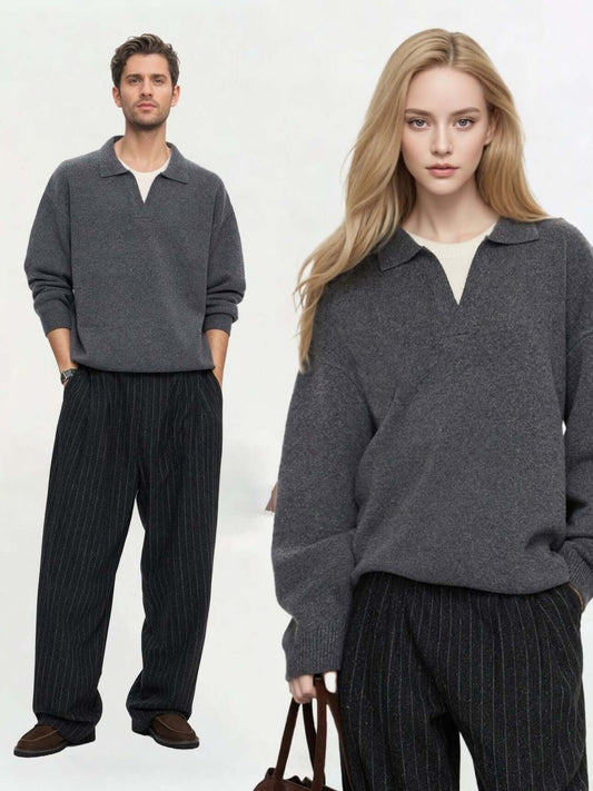 Unisex Cashmere Sweater OEM - Model showcasing mock neck cashmere sweater paired with stylish pants.