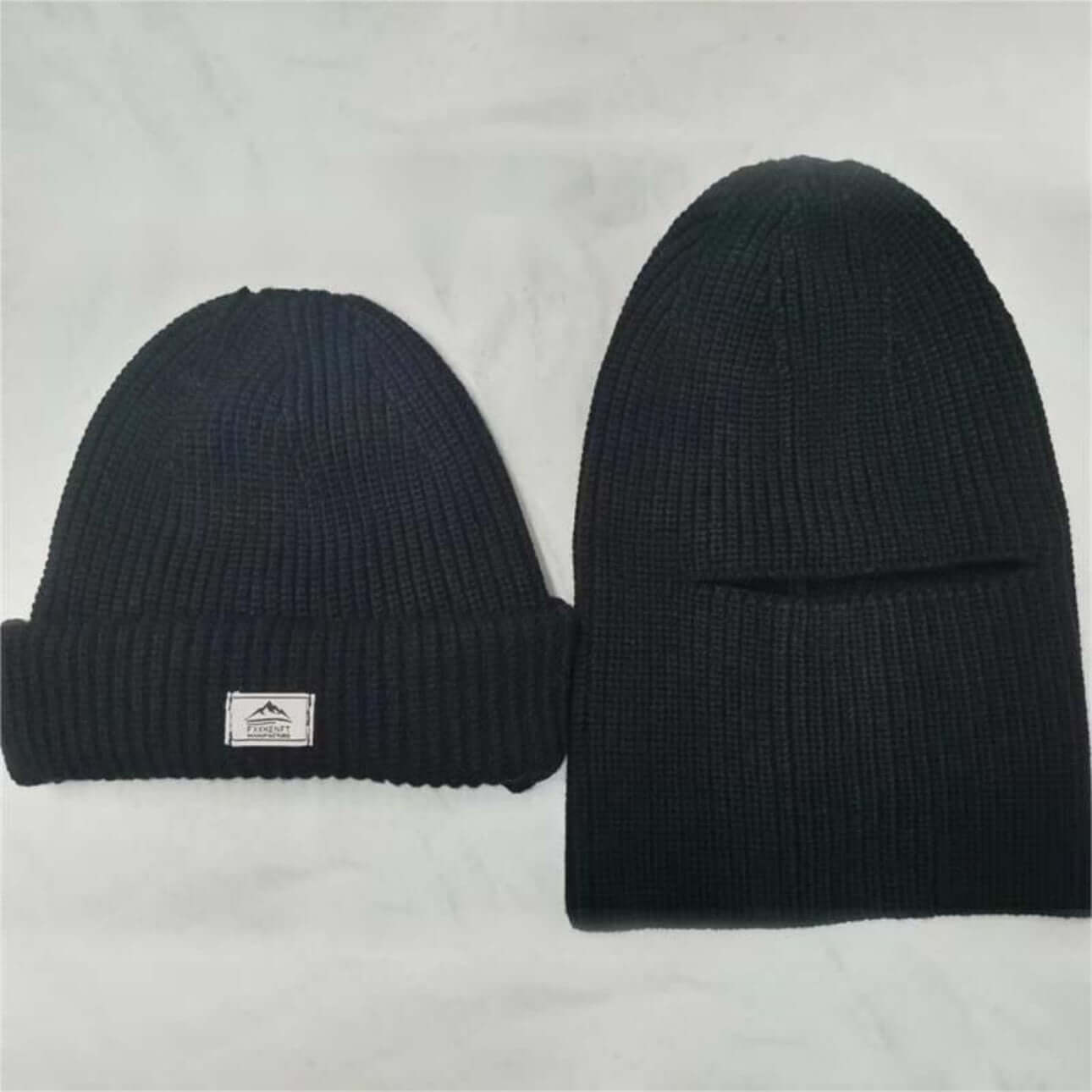 Warm Hat OEM - Black men's 2-in-1 beanie and face mask set displayed side by side, showcasing versatile winter headwear.
