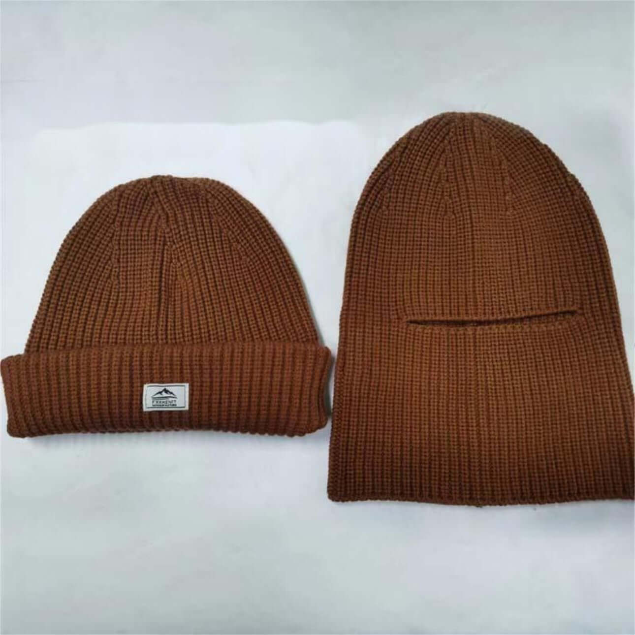 Warm Hat OEM - Men's 2-in-1 Beanie & Face Mask in brown color, showcasing a warm knitted design.