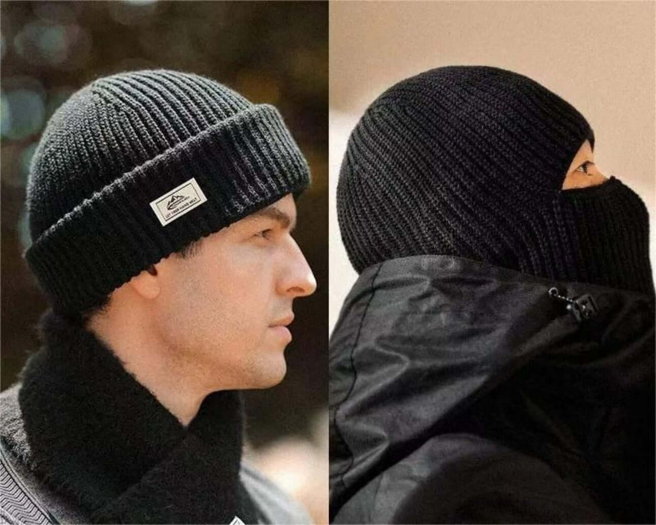 Warm Hat OEM - Men's 2-in-1 Beanie and Face Mask in black, showcased on a model and a masked figure.