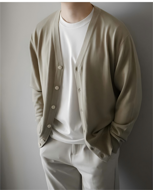 Man wearing apricot wool cardigan style MPW-AW25030, front view with buttons open